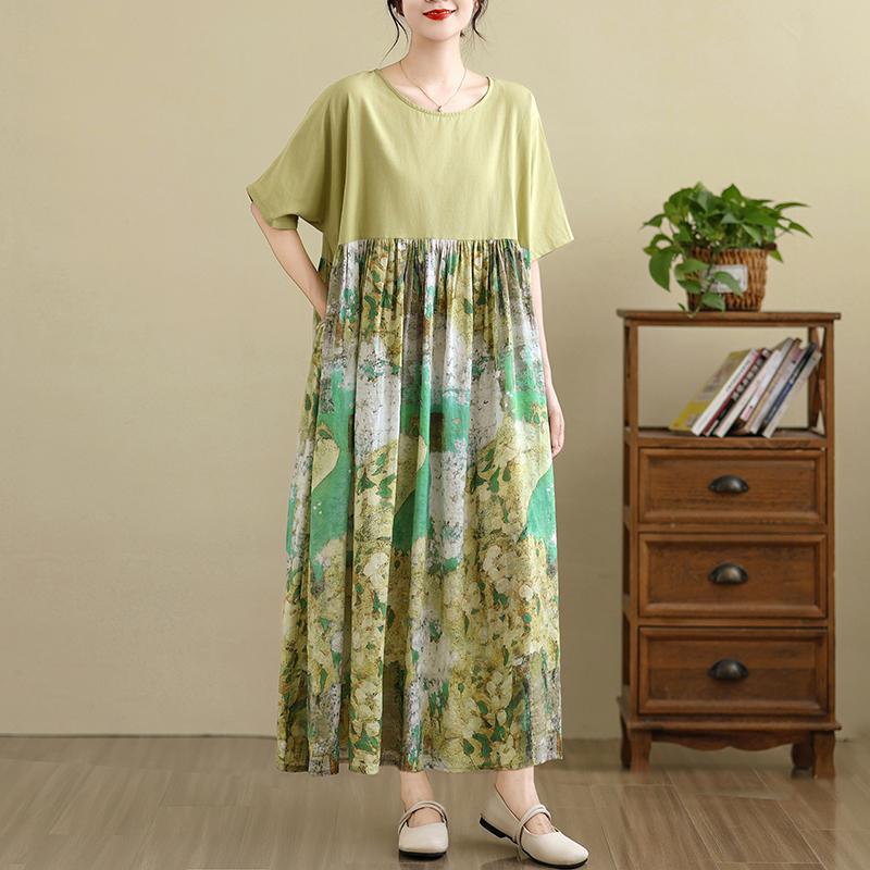 Dimanaf 2025 Женское винтажное летнее платье больших размеров с коротким рукавом, повседневное базовое новое платье, свободное длинное платье