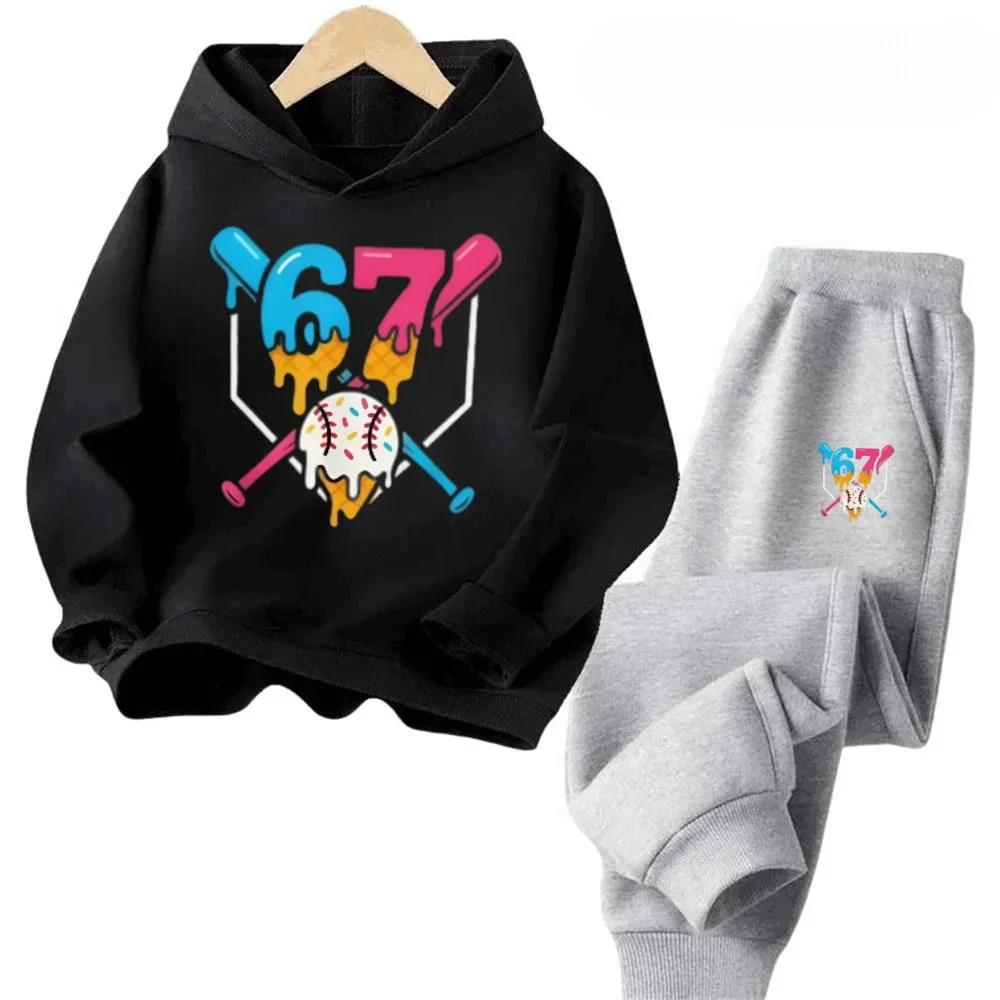 Bruh 67 Six Seven Funny Children's Hoodies Set Cartoon Print Tracksuit Casual Kids 2pcs Outfits Fashion Trend Pants Suit