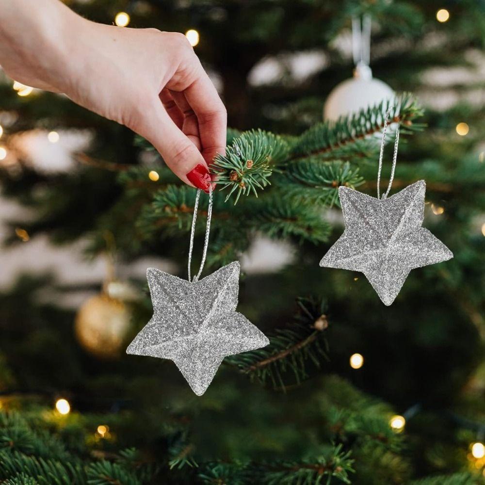 6Pcs/set Five-pointed Star Pentagram Christmas Pendant Glitter Glitter Christmas Pendant  Festive