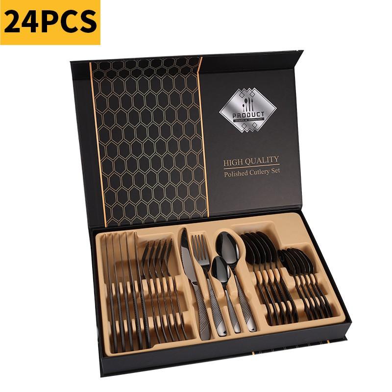 24-Piece Stainless Steel Cutlery Set With Gold-Plated Spoons Forks Knives Dinner Gift Box