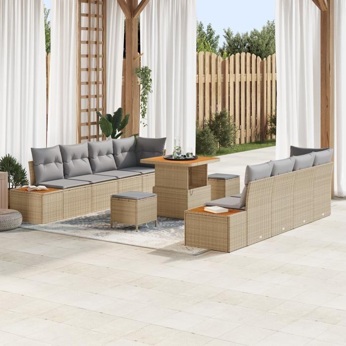 Ensemble de sofa de jardin 11 pièces avec coussins Beige Poly Rattan Acacia, Ensemble de salle à manger de jardin 3 pièces 3362887