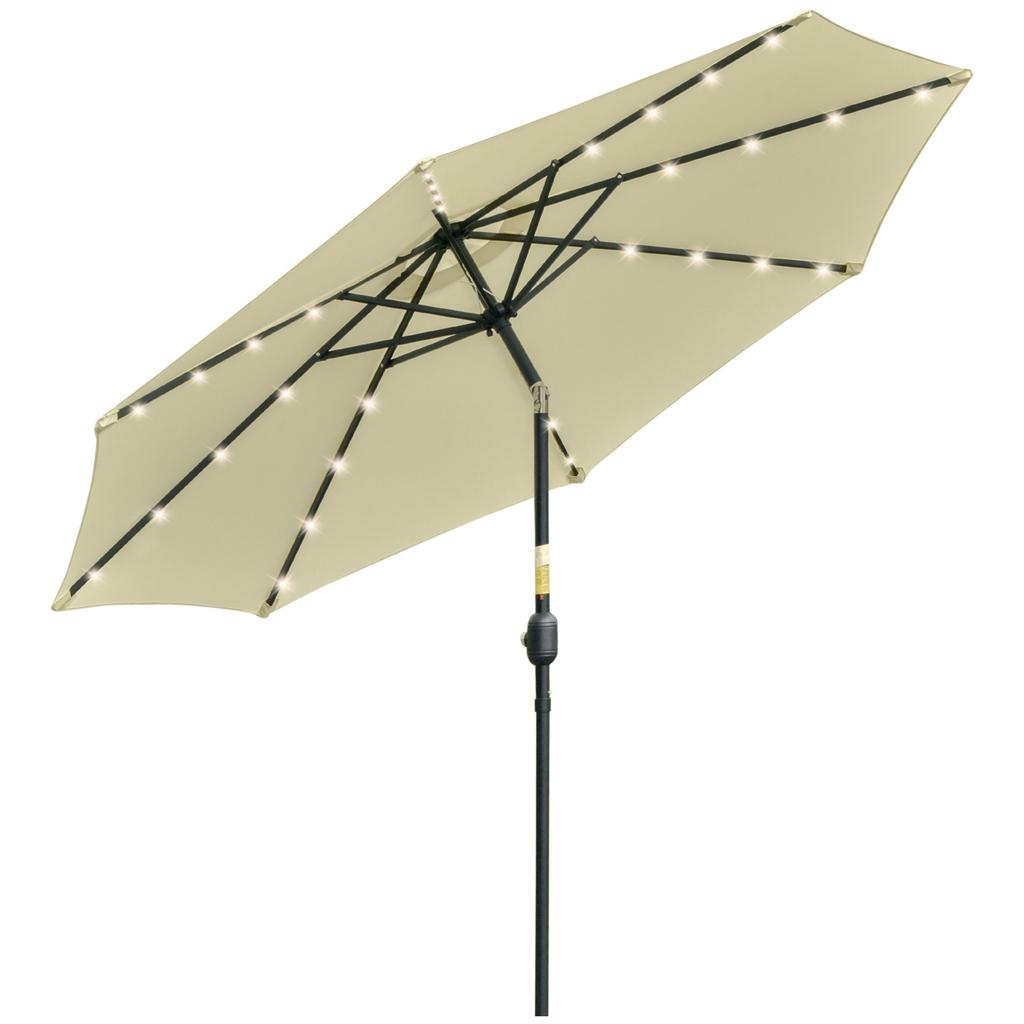 Terrace Umbrella, O265 cm, 32 Solar LED Lights, Steel Pole, Crank, Beige