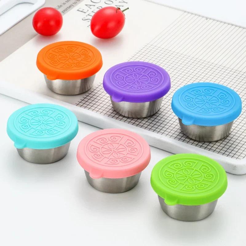 Набор из 6 шт. Герметичные контейнеры для соуса из нержавеющей стали Контейнеры для еды Многоразовый контейнер для заправки салата Силиконовые растягивающиеся крышки
