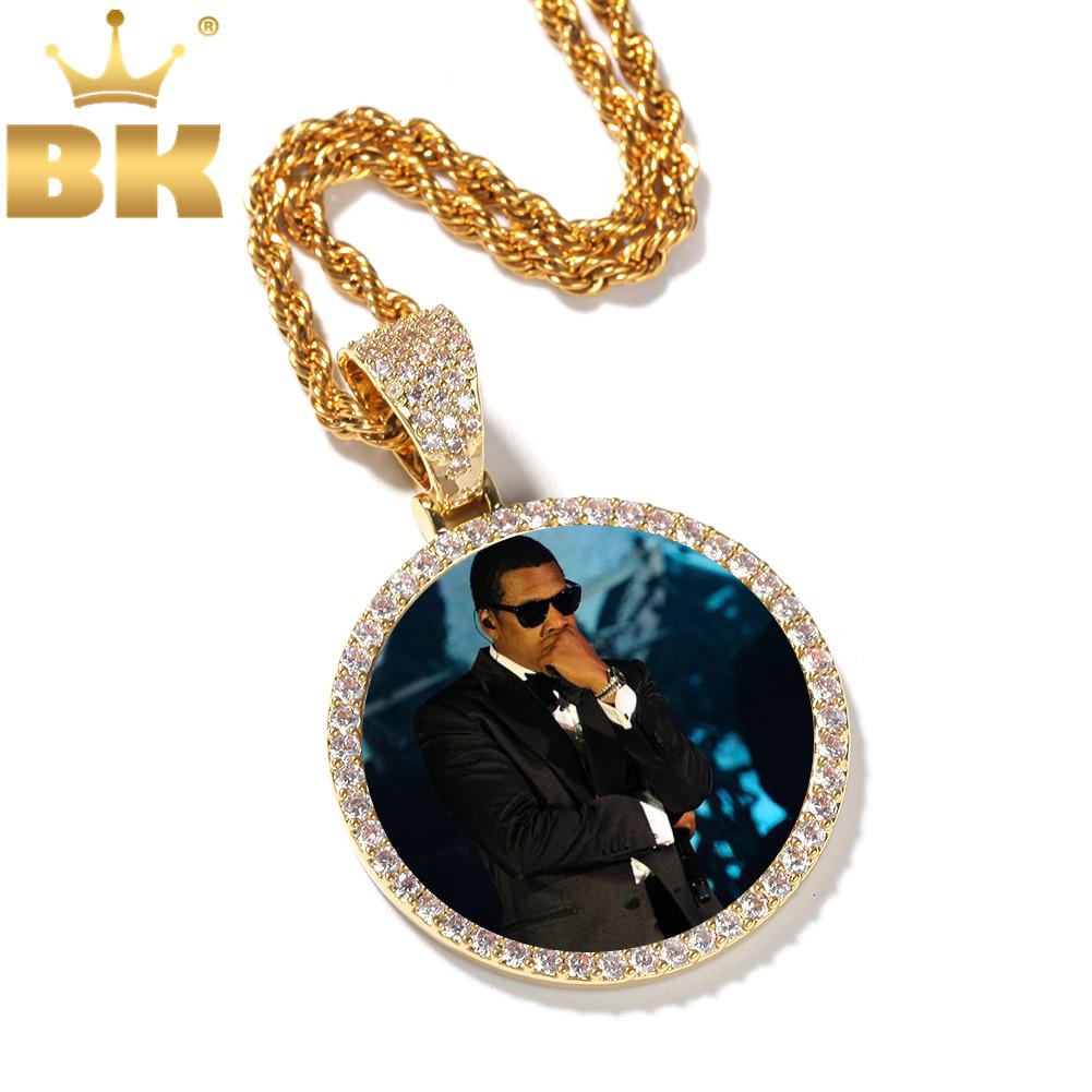 THE BLING KING Cubic Zirconia Made Photo Pendant Necklace Soild Back Full Iced Out Round Tag Hiphop Jewelry Gifts