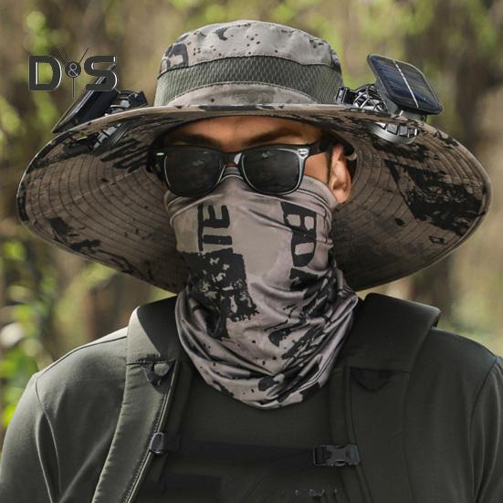 Men Fisherman Hat with 2 Solar Fan Large Brim Windproof Strap USB Charging Anti-UV Sunlight Protection Quick Dry Great Breathability Outdoor Fishing