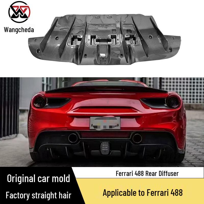 Designed for Ferrari 488: Carbon Fiber Rear Lip Spoiler and Lower Bumper N Body Kit Options.