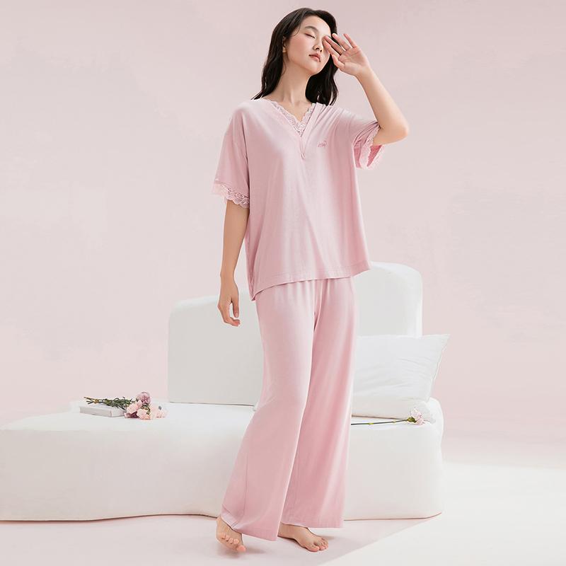Fenteng [Smooth Blended] Spring thin lace V-neck elastic women's home suit set