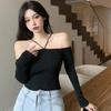 Женские однотонные тонкие трикотажные топы с открытыми плечами и длинными рукавами