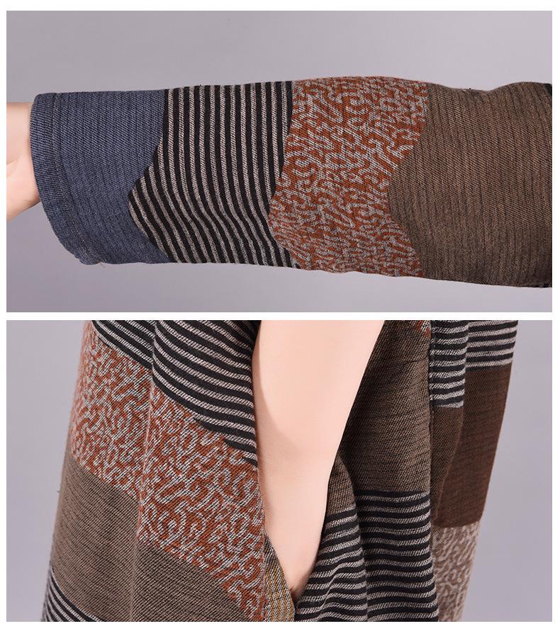 Весеннее женское платье миди из хлопка и льна в полоску пэчворк с круглым вырезом и длинными рукавами, 2025