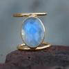 Oval Rose Cut Rainbow Moonstone 925 Sterling Silver Yellow Gold Overlay Ring Jewelry
