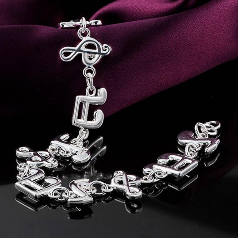 925 Sterling Silver Note Pendant Chain Bracelet Fashionable Charm Jewelry