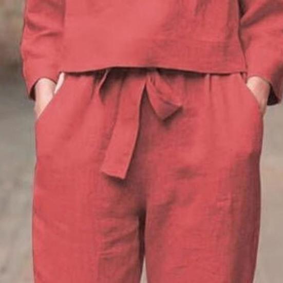 2 шт./комплект женский топ брюки комплект круглый вырез длинный рукав блузка винтажные эластичный пояс брюки повседневный досуг свободный наряд