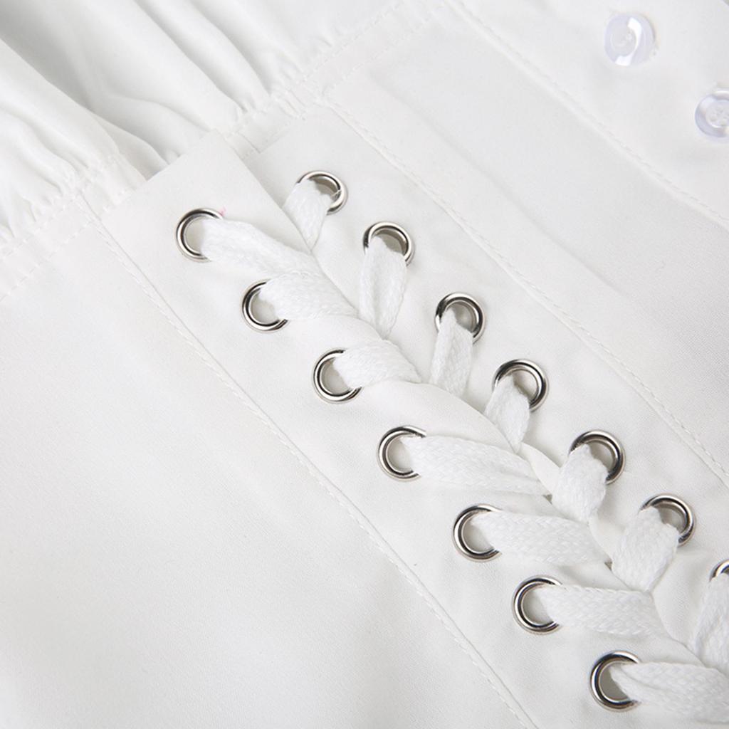 Womens Button Down T-Shirts Cap Sleeve Crew Neck Cross Tie-up Front Lace Trim Tops