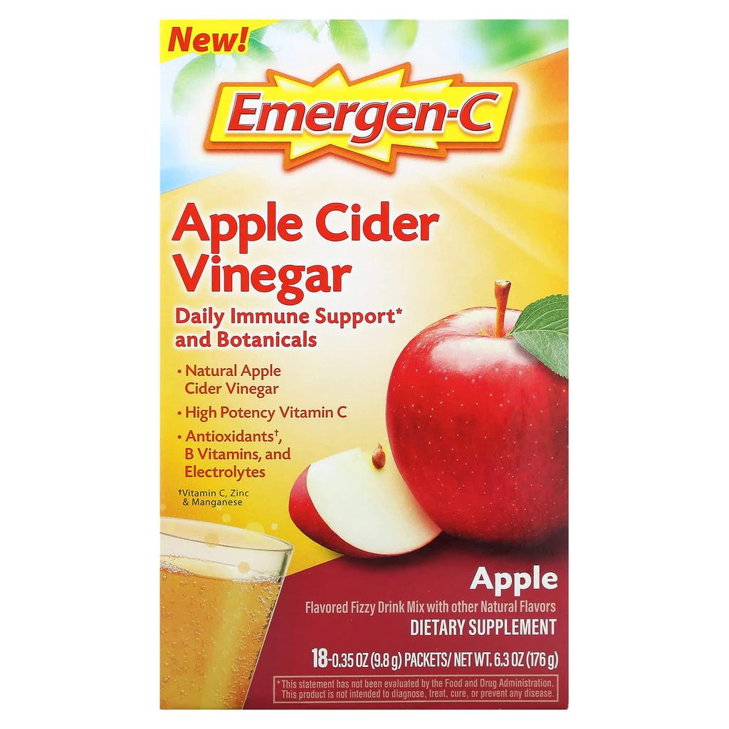 Emergen-C, яблочный уксус, яблочный вкус, 18 пакетиков, 0,35 унции (9,8 г) Каждый