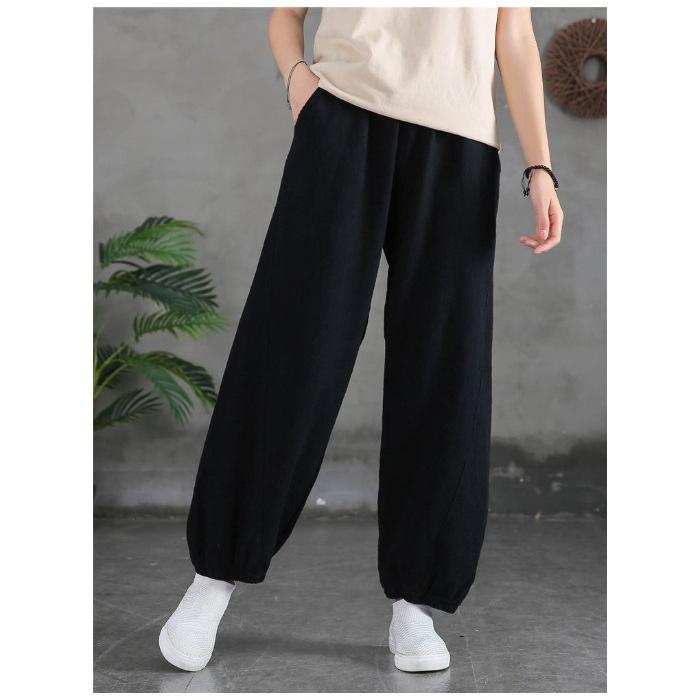 Блумеры из хлопка и льна, повседневные эластичные свободные женские брюки с высокой талией, корейская мода, широкие брюки длиной до щиколотки для женщин