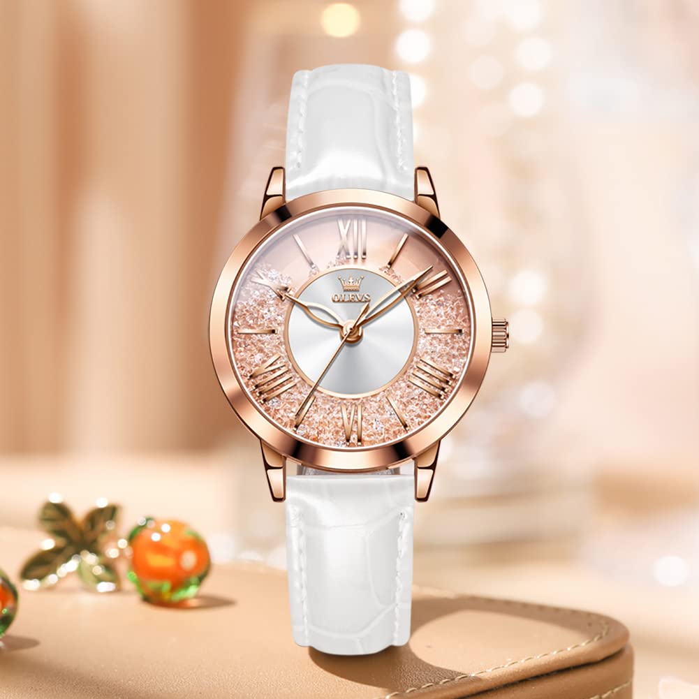 OLEVS Watch Rose Gold Dial with Quicksand Quartz White Women's - Popular, Cute, Sparkling, Diamonds, Movement, Waterproof, Luminous, Gift,