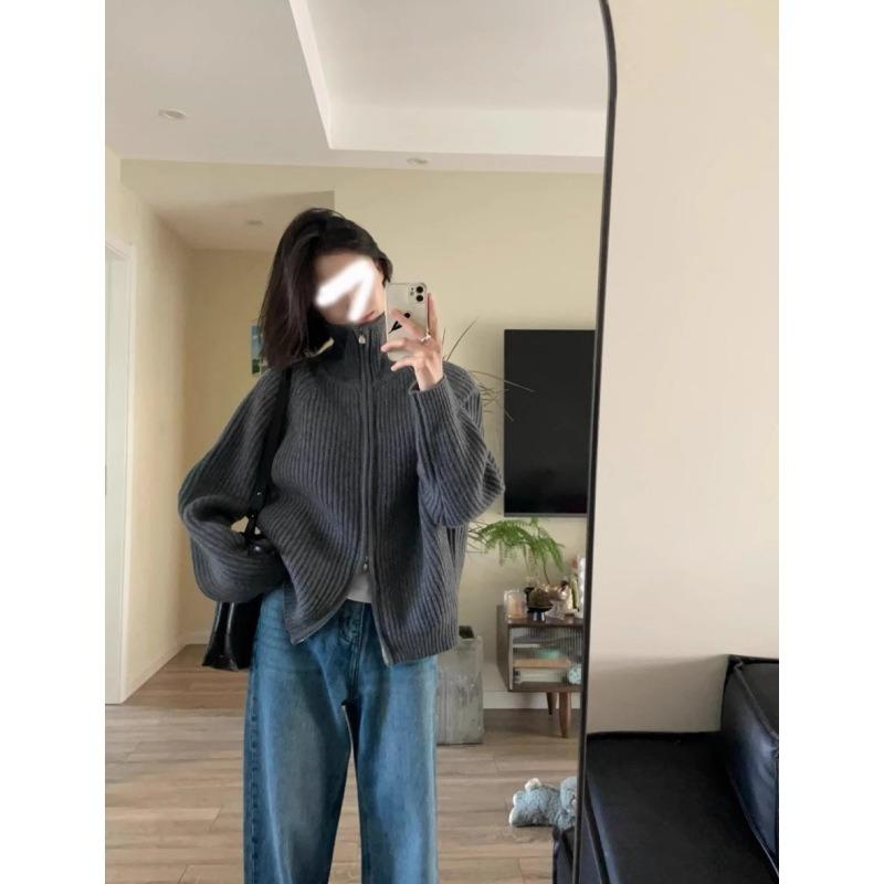 Вязаный кардиган на двойной молнии для женской осени и зимы, мягкий восковой свитер в рубчик, топ с высоким воротником, куртка