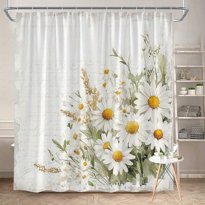 Антикварная шторка для душа с букетом маргариток - Цветочный узор с текстурой винтажной бумаги, Белые и желтые маргаритки, Полиэстеровая ткань