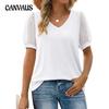 Summer Women's T-shirt Solid Color V-neck Simple Temperament Elegant Mesh Bubble Sleeve