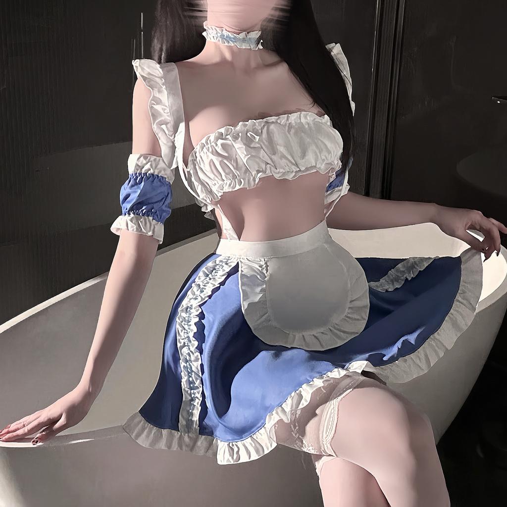 Sex lingerie pure desire playful cute maid apron cosplay open blue and white splicing sweet suit