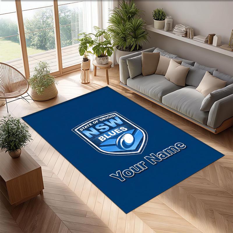 NSW Blues logo Crystal Velvet Rug, Custom Name Text Personalized Non‑Slip Floor Mat for Home Decor Gift