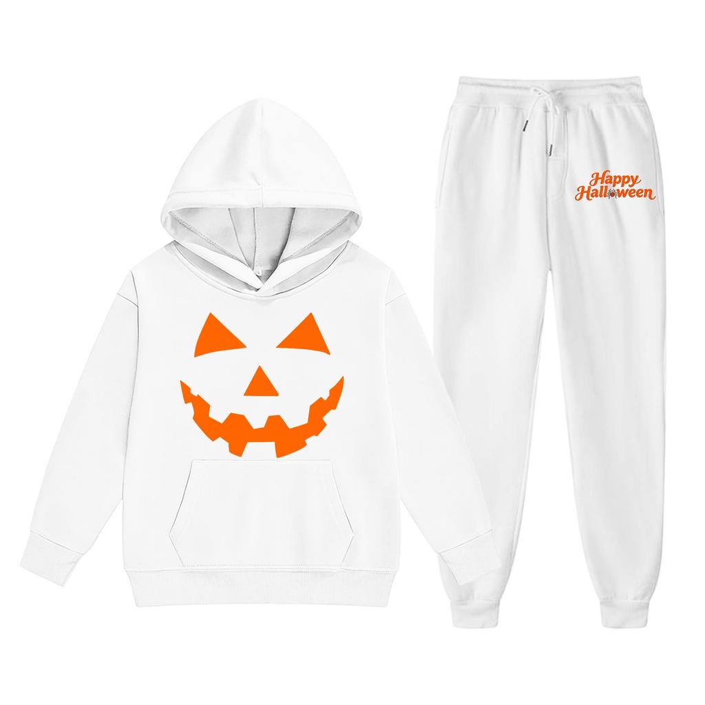 Kids Halloween Hoodie and Sweatpants Set Pumpkin Face Print Hooded Sweatshirt and Matching Bottoms Comfortable Fit for Children