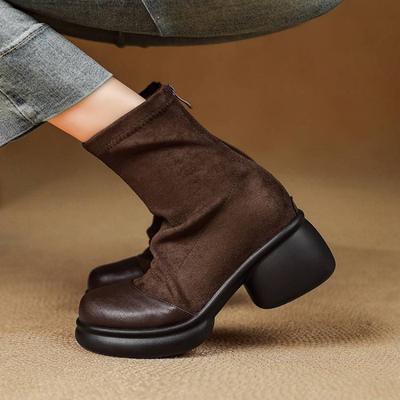 Корейские модные ботильоны из эластичной замши с круглым носком, женские ботинки на толстой подошве и среднем каблуке большого размера, с задней молнией, осенне-зимние ботинки средней высоты