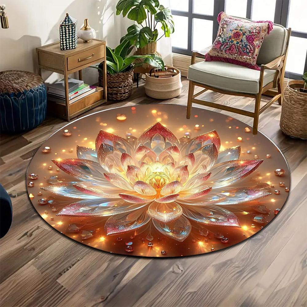 Radiant Crystal Lotus Blossom Print round rug, living room, bedroom, playroom carpet, non slip floor mat, gift
