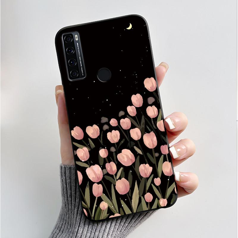 Для чехла TCL 20 SE 20SE Силиконовый Цветок нарисованный ТПУ Черный Funda для чехла TCL 20 SE TCL20SE TCL20 SE Защитный Coque etui Чехол
