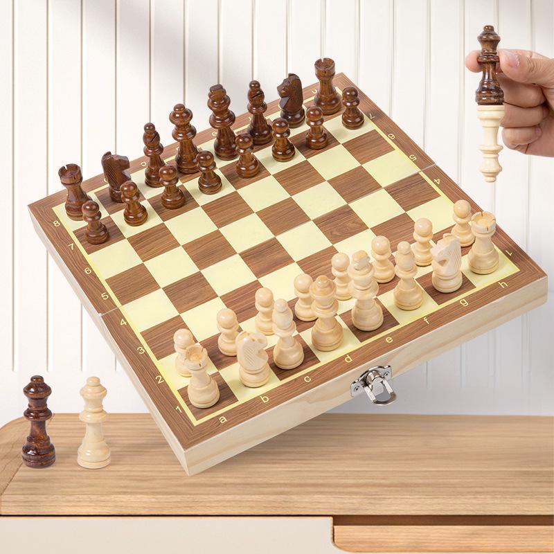 Solid Wood Magnetic Folding Chess Set with Double Queens for Students and Children.