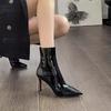 Pointed Patent Leather Black Short Boots Women's Spring and Autumn New Thin Heel Short Boots High Heel Thin Boots Bare Boots