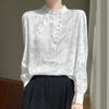 Satin Silk Blouse For Women With Stand Collar And Pockets For Office Casual Wear