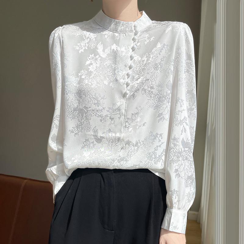 Satin Silk Blouse For Women With Stand Collar And Pockets For Office Casual Wear