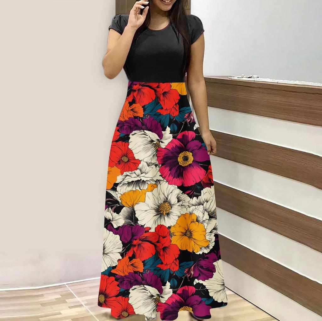 Женская мода повседневные свободные принтованные платья с круглым вырезом и коротким рукавом длинные платья с коротким рукавом длинные платья