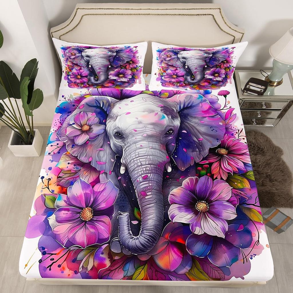 Elephant Fitted Sheet Single Size, Bedding Set 2pcs for Kids Girls Adult Room Decor, Cartoon Bed Cover with 1 Pillowcase