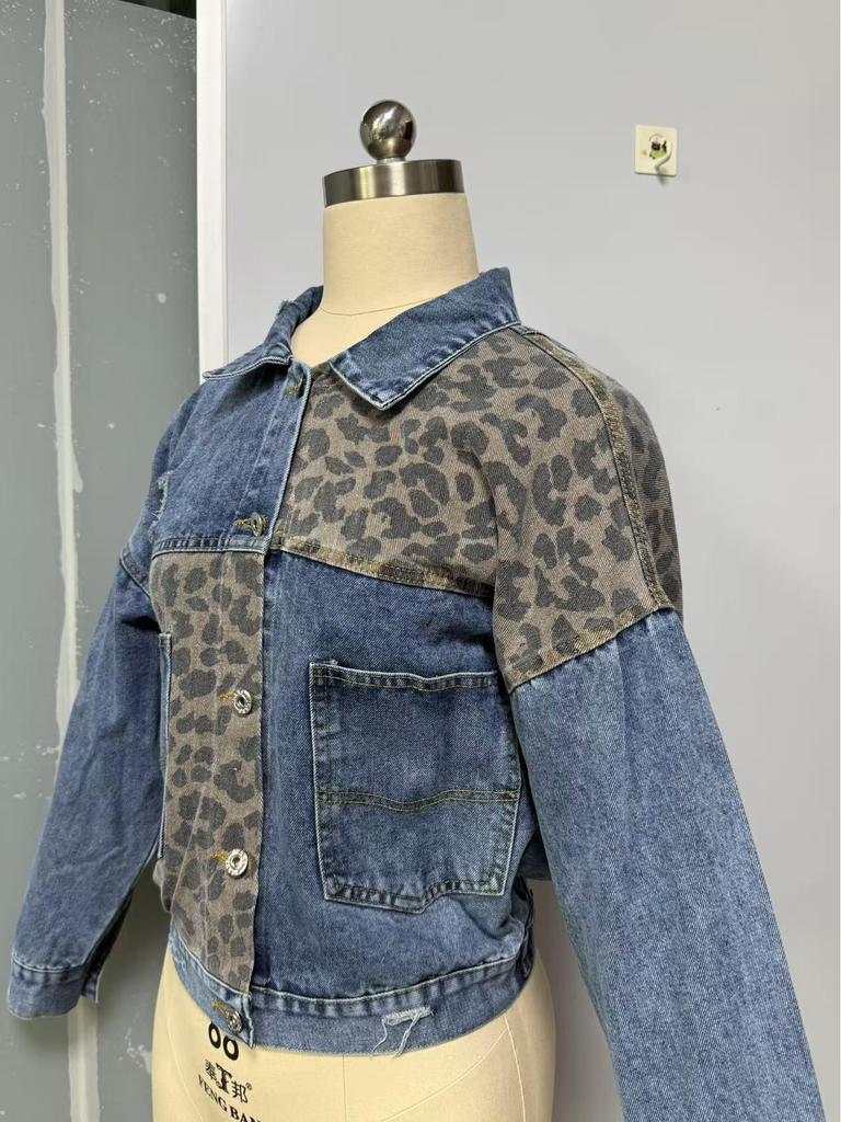 Джинсовая куртка-бомбер с леопардовым принтом для женщин - Европейская и американская весенне-осенняя коллекция