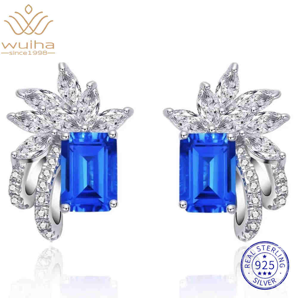 WUIHA Vintage 925 Sterling Silver 5 * 7 MM Emerald Cut Sapphire High Carbon Diamonds Gemstone Ear Studs Earrings Fine Jewelry