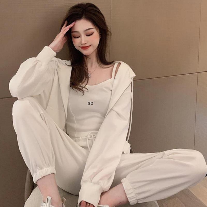 Women Spring Fall Solid Color Loose Zipper Hooded Sweatshirt Short Coat Tank Tops Casual Sweatpants Three Pieces Set Sport Suits