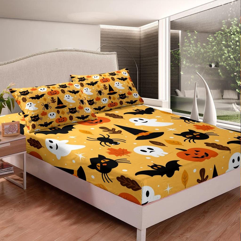 Halloween Pumpkin Ghost Bat Pattern Mattress Three-Piece Digital Printing Mattress Bedding Set