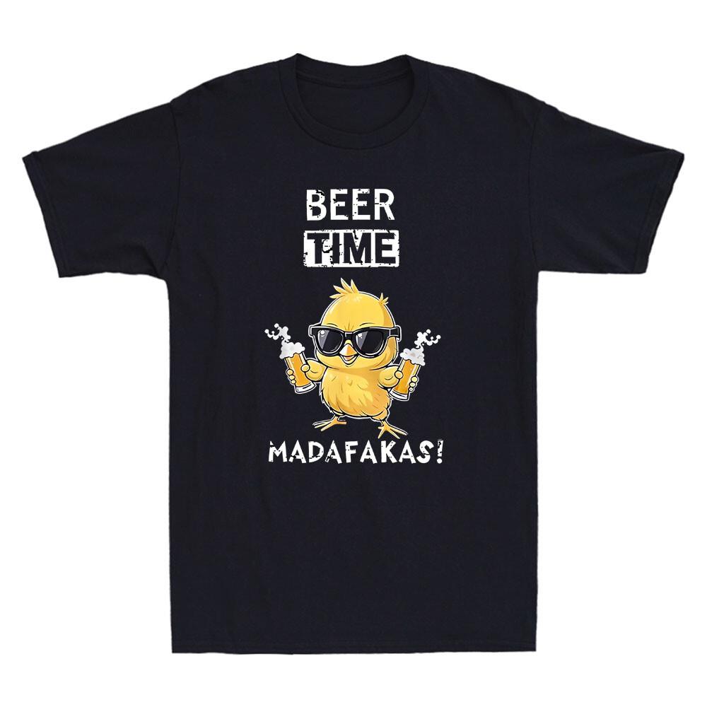 Beer Time Madafakas Funny Glasses Chicken Hold Beer Meme Quote Retro Men TShirt Summer Casual Soft Cotton Pattern Print Tees
