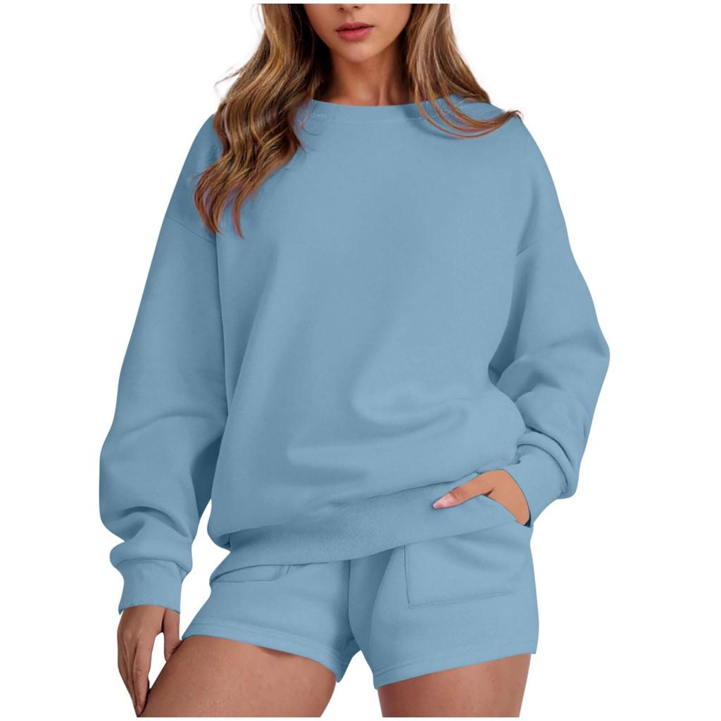 Women's Fashion Sportswear Casual Long-Sleeved Pullover Sweatshirt Drawstring Shorts Set