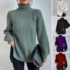 Turtleneck Raglan Long Sleeves Side Split Hem Women Sweater Winter Solid Color Loose Warm Sweater Jumper