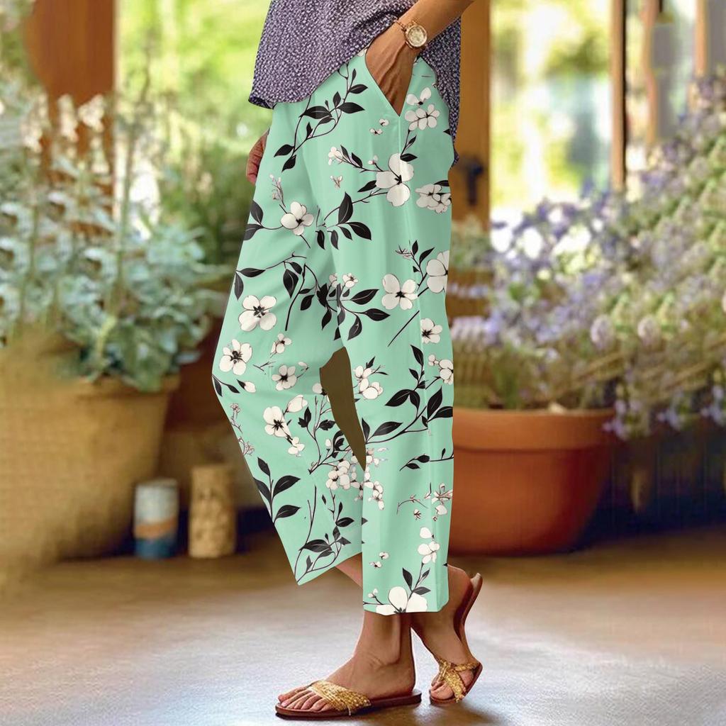 Women's Fashionable Floral Print Straight Leg Pocket Elastic Waist Casual Pants Pants