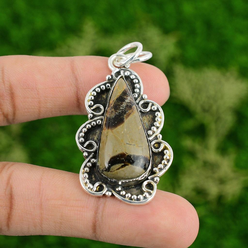 925 Sterling Silver Pear Septarian Gemstone Bezel Art Deco Wife Pendant Jewelry