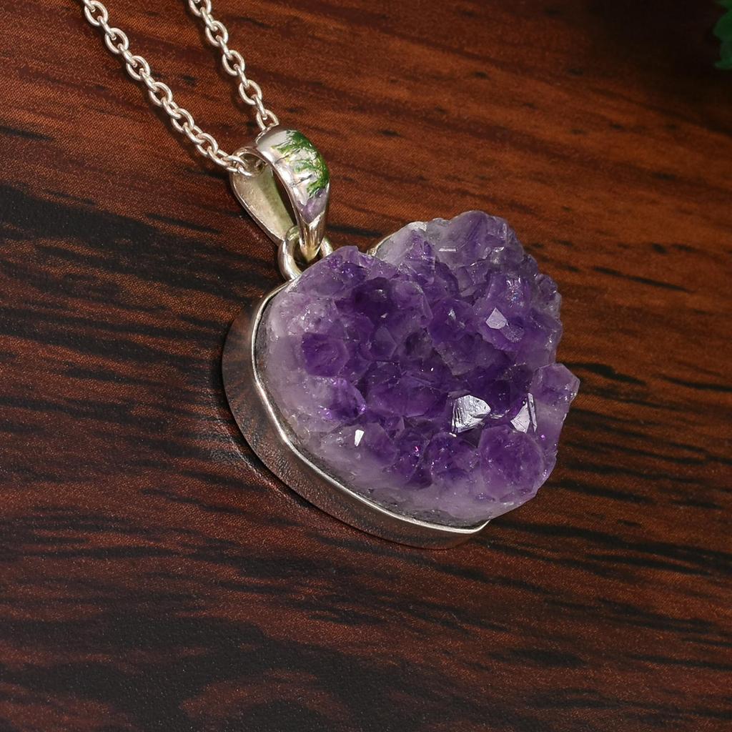 Stunning Raw Amethyst Druzy Necklace Pendant, 925 Sterling Silver Necklace, Handmade Silver Jewelry, Gift For Her