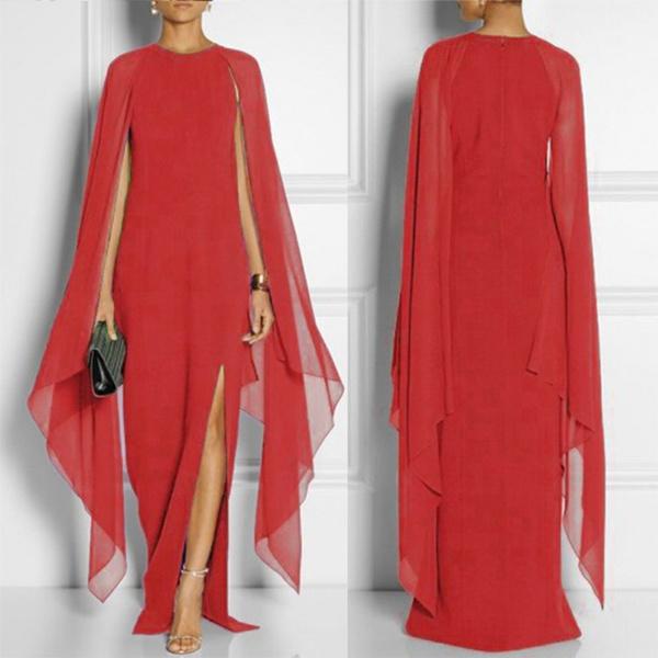 Women's Elegant High Split Flare Sleeve Formal Evening Gowns Chiffon Maxi Dress with Cape