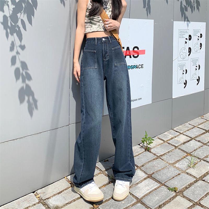 Женские широкие джинсы с высокой талией и большими карманами - корейский стиль