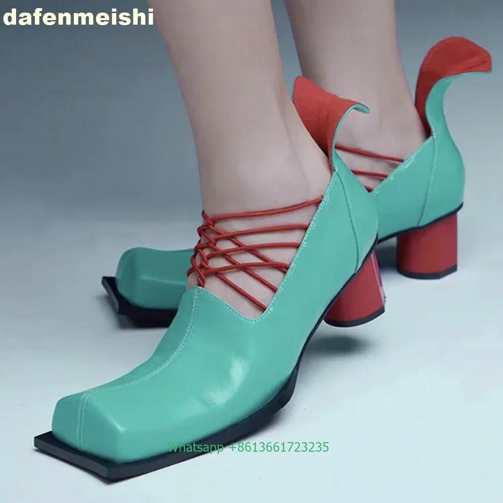 Туфли-лодочки странного стиля с квадратным носком и круглым каблуком 2025 Весна Новые на платформе Ретро Сандалии на толстом каблуке Красный каблук Шнуровка Женские