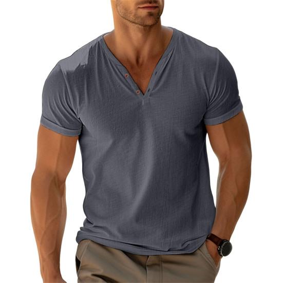 Men's Henry Collar T-shirt Short Sleeve Solid Color Summer Tee Shirt Cotton Blend Casual Top for Daily Wear Beach Travel