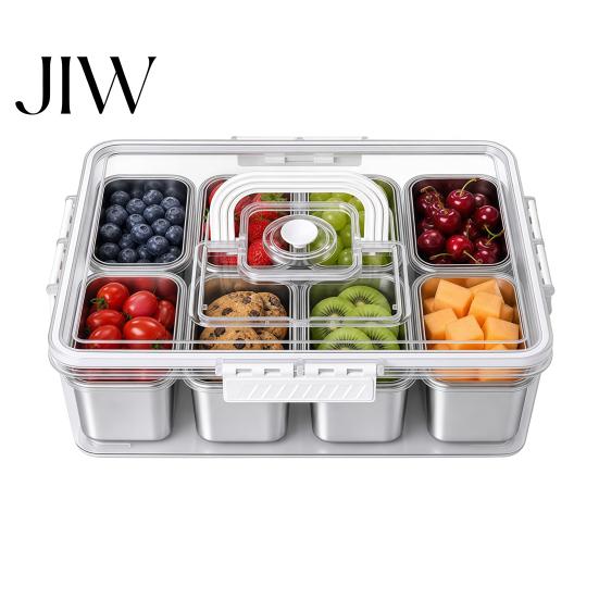 Портативный поднос для овощей с ручкой, контейнер Snackle Box, крышка-сервировочная тарелка из нержавеющей стали с ручкой, 8 отделений, большой контейнер для закусок